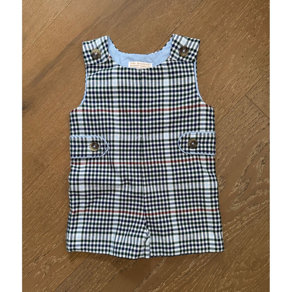 The Beaufort Bonnet Company Boys Plaid Jon Jon Romper Blue Green 6/12M